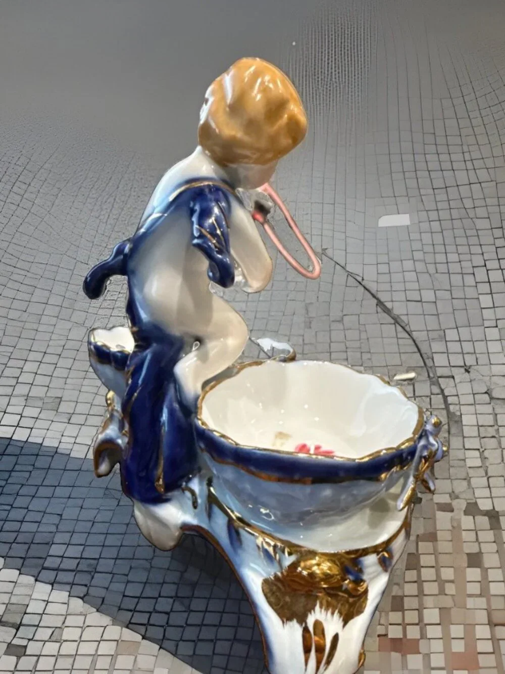 Antique Porcelain Derby Double Salt Cellar Cherub Blue & Gold